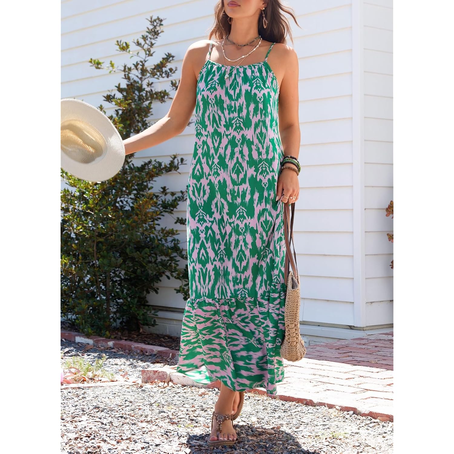 Dokotoo Women Summer Dresses 2026 Spaghetti Strap Scoop Neck Smocked Ruffle Flowy Boho Maxi Dress