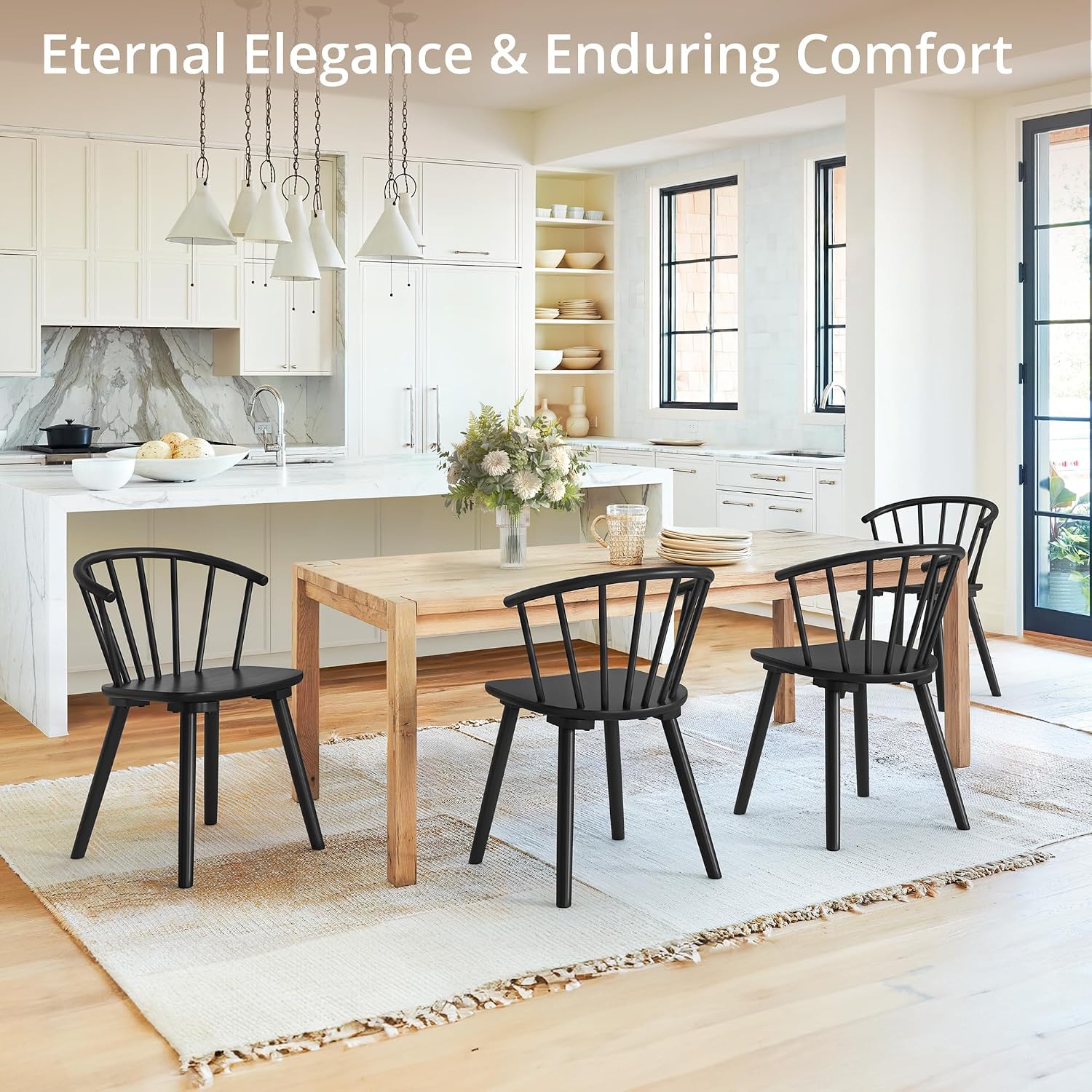 Lue Bona Black Dining Chairs Set Of 4, Farmhouse Wood Dining Chairs With Semicircular Backrest, Spindle Dining Chair For Kitchen And Dining Room, 18 Inch