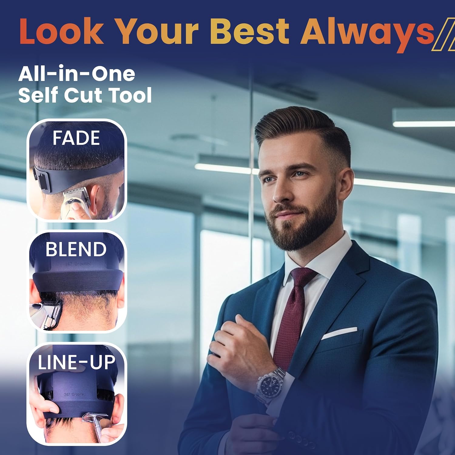 247 Groomed Self Haircut Kit For Men | 2Pcs Selfcut Guide For Men: Neckline Shaving Template & Fade Guide | Adjustable Size Hair Fade Tool & Stable Neck Line Up Tool | Hair Cut For Kids & Seniors