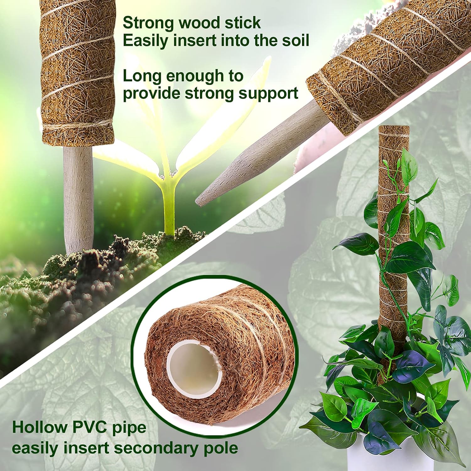 Fabulas Moss Pole 47.5 Inch - Monstera Plant Support, 4 Packs 16 Inch Plant Stakes For Indoor Plants Coco Coir Moss Pole Sticks For Climbing Potted Live Plants, Pothos, Philodendron, With Garden Ties
