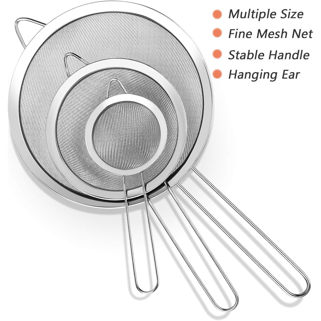 3Pcs Super Wire Extra Fine Mesh Strainer With Handle, Small Medium Large Size Sifter Metal Strainer Set, Stainless Steel Sieve Fine Mesh Strainers For Kitchen Rice Juice Quinoa Food Flour Baking Ylyl