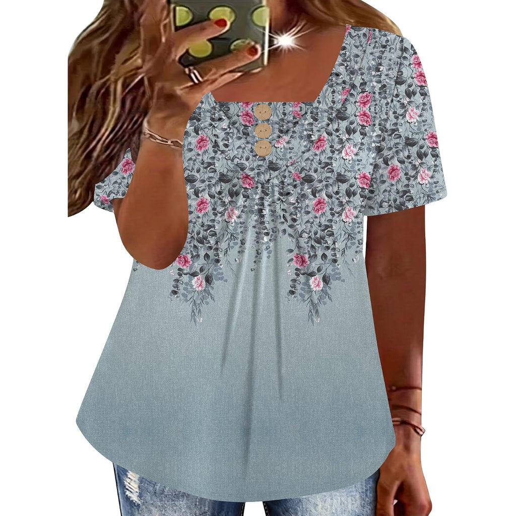 Womens Plus Size Short Sleeve Tops V Neck Button Up Shirts Printed Pleated Blouses Loose Fit Dressy Casual Tees 1X-5X