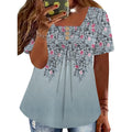 Womens Plus Size Short Sleeve Tops V Neck Button Up Shirts Printed Pleated Blouses Loose Fit Dressy Casual Tees 1X-5X