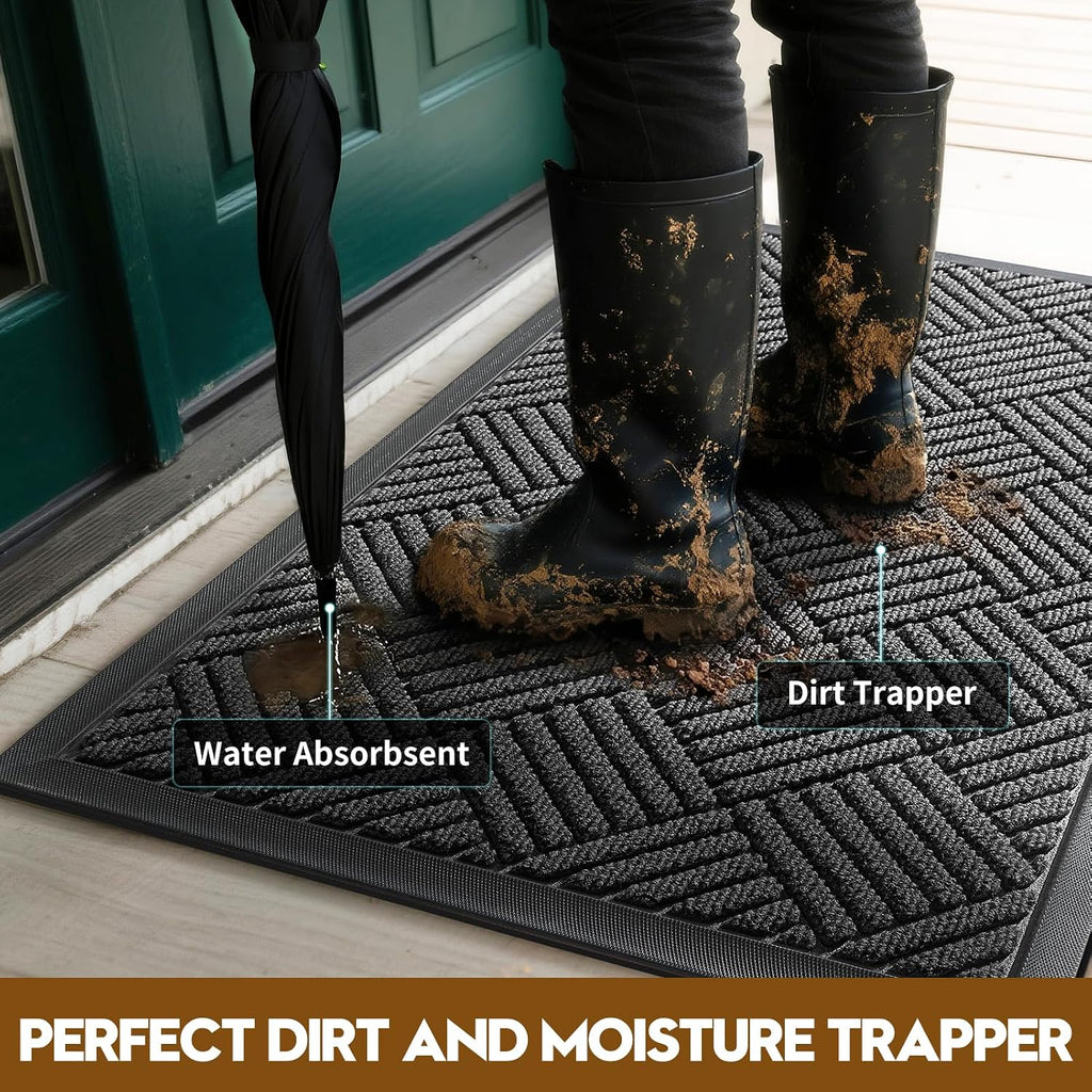 Front Door Mat, Heavy Duty Waterproof Doormat 29.5"X17", Grey | Indoor Outdoor Non-Slip Low Profile Dirt Trapper Absorbent Rubber Mat For Entryway, Stain Fade Resistant Easy Clean