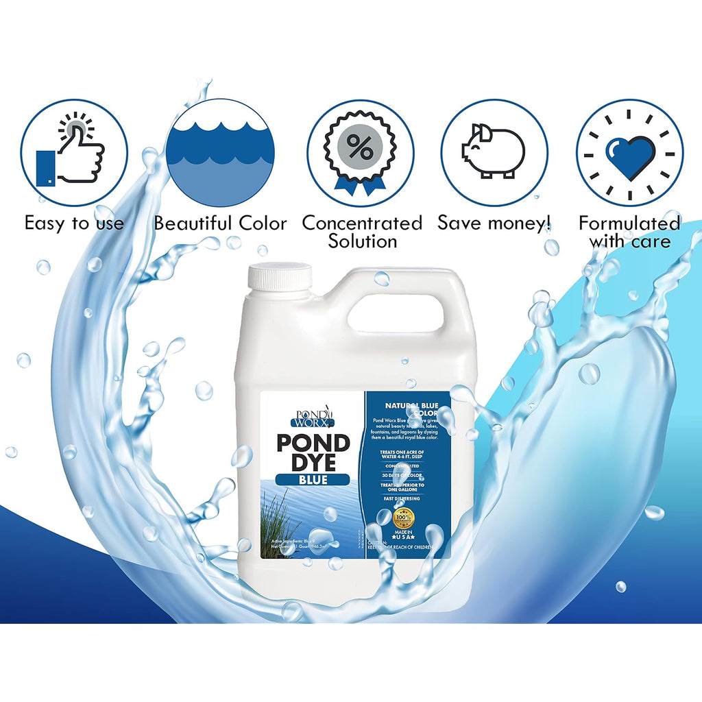 Pond Worx Blue Lake And Pond Dye - 4X Concentrated Liquid Pond Colorant - Treats Up To 1 Acre - 1 Quart