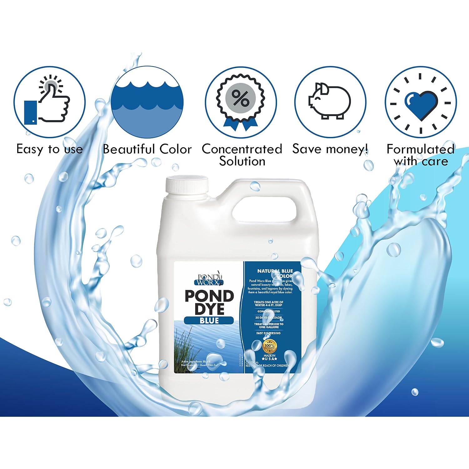 Pond Worx Blue Lake And Pond Dye - 4X Concentrated Liquid Pond Colorant - Treats Up To 1 Acre - 1 Quart