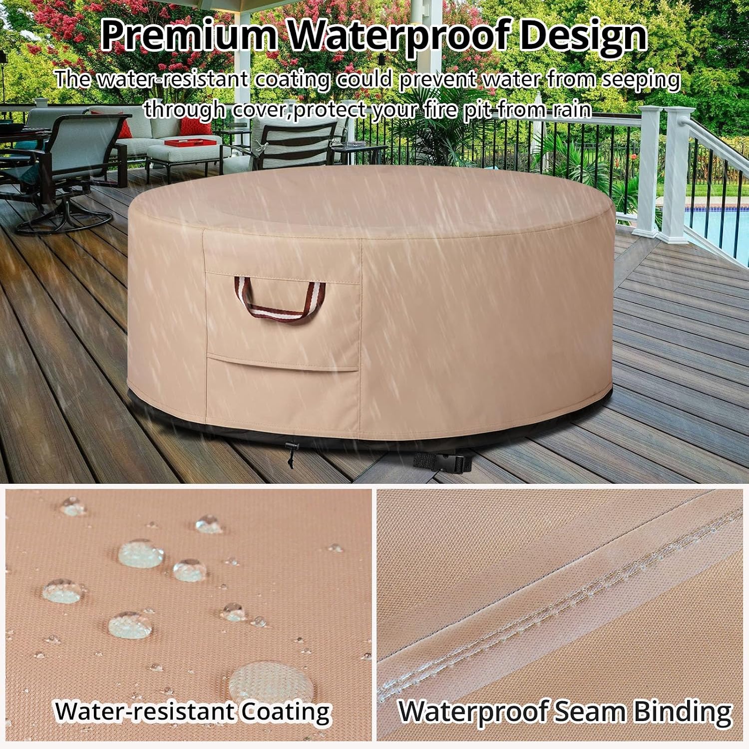 Fire Pit Cover Round-45-48 Inch Heavy Duty 900D Strong Tear-Resistant And Uv Resistant And Waterproof And Fading Resistant Material Polyester Firepit Covers Round For Outdoor Fire Pit-Wheat