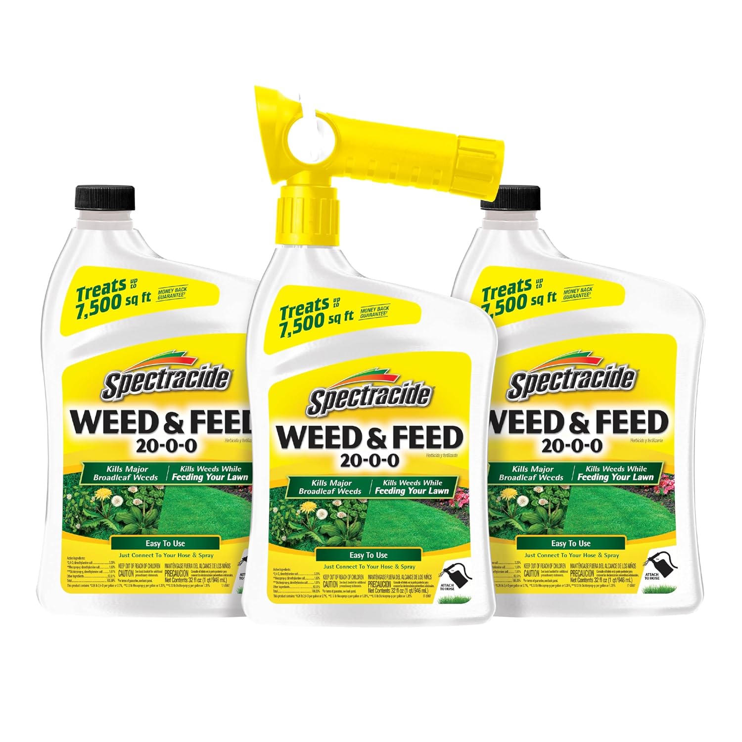 Spectracide Weed & Feed 20-0-0, 3 Count, Easy To Use Quickflip Sprayer, Kills Weeds While Feeding Your Lawn, Kills Major Broadleaf Weeds Like Dandelion, Chickweed, Clover And Plantain