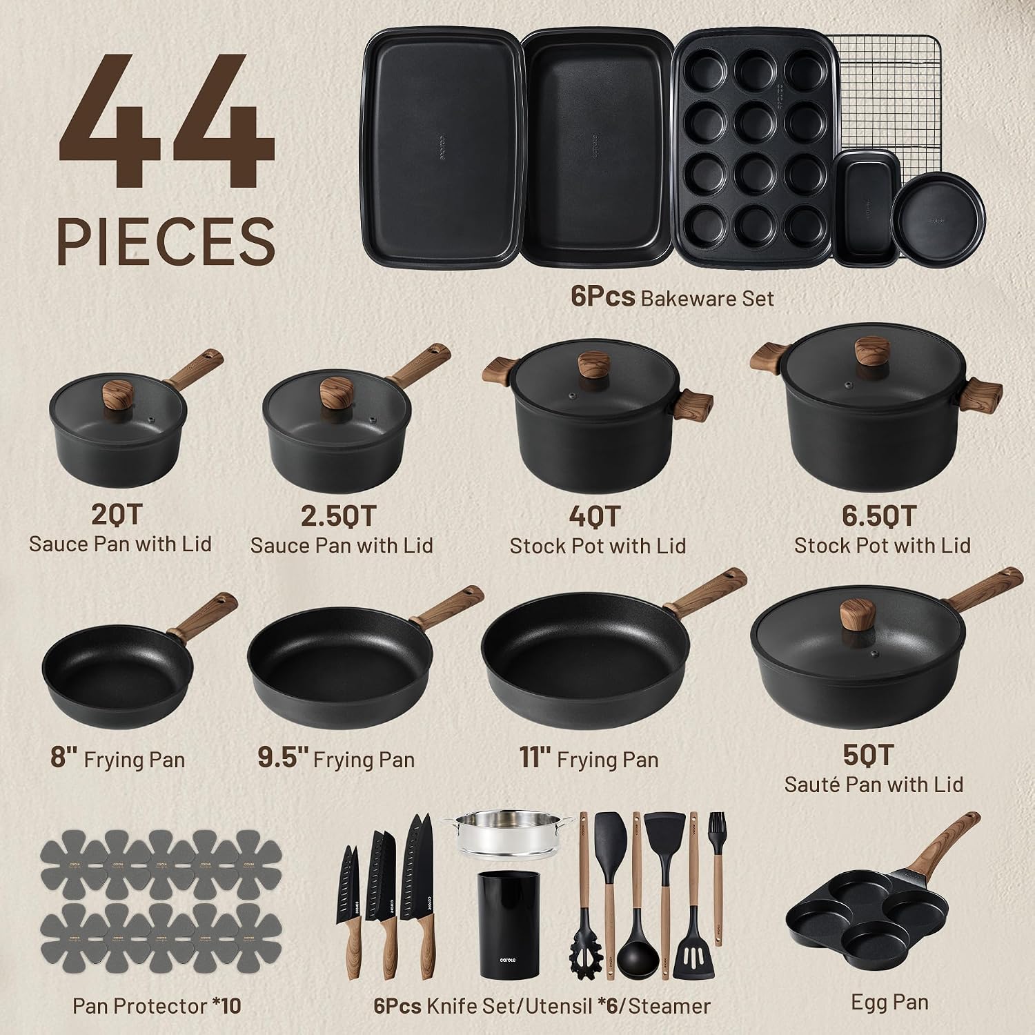 Carote 44Pcs Nonstick Kitchen Titanium Cookware Sets, Nonstick Pots And Pans, Induction Cookware Set Kitchen Cooking Sets, Non Stick W/Frying Pan,Black