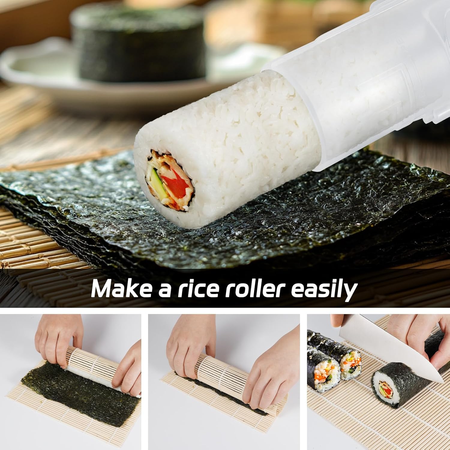 Sushi Making Kit, Upgraded 11.8 Inches Sushi Roller, Sushi Rolling Mat Sushi Maker Sushi Kit, Sushi Bazooka Easy Made Sushi Translucent white