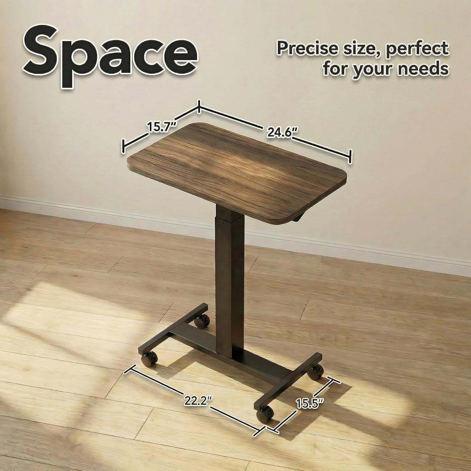 Huanuo Small Rolling Laptop Standing Desk, Height Adjustable Mobile T-Base Desk With Lockable Casters, Portable Sit-Stand Workstation For Bedside & Sofa, Walnut
