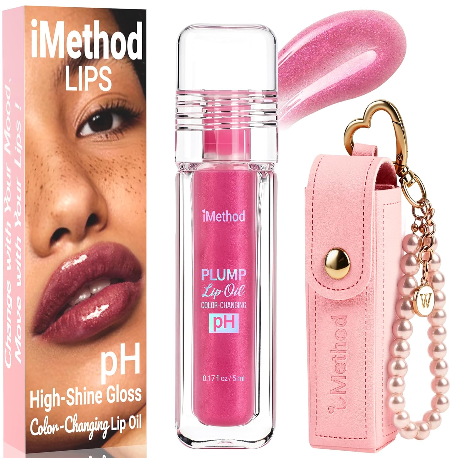 iMethod pH Plumping Lip Gloss - Color Changing Lip Oil with 24H Hydration, High-Shine Long Lasting Lip Tint, Lightweight Non-Sticky, with Lip Gloss Keychain Holder, 055 pH Rose