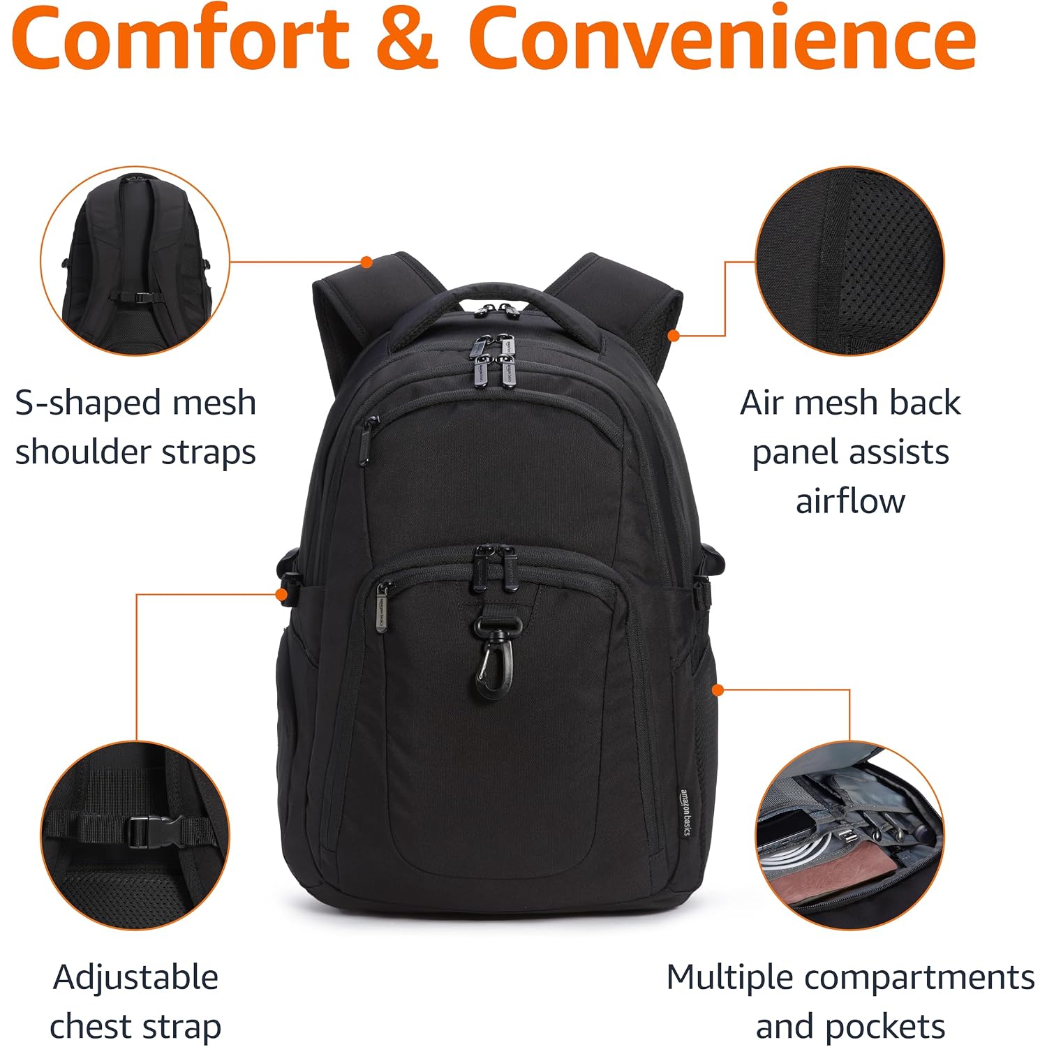Amazon Basics Travel Laptop Backpack With Multiple Pockets And Compartments For 17 In / 43.1 Cm Laptop, Water Resistant, Spacious With Padded Shoulder Straps, Black