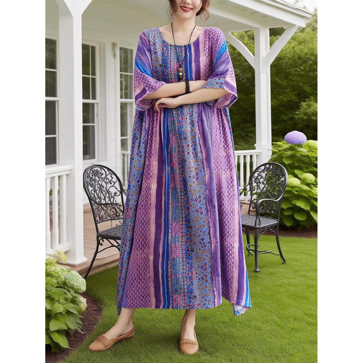Women Summer Dress With Pockets Plus Size Boho Floral Print Round Neck Loose Casual Flowy Dress