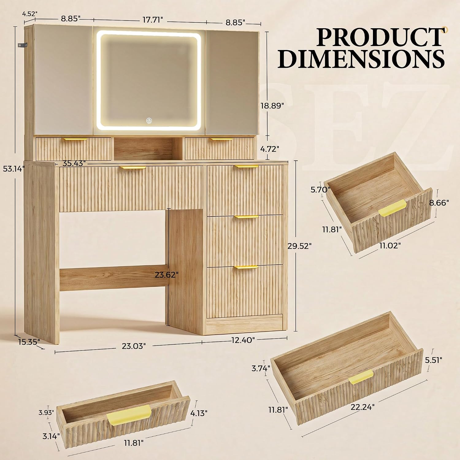 Comhoma Vanity Desk With 3-Way Mirror And Lights, Makeup Vanity With 360° View Mirror, 3 Lighting Modes, 6 Drawers,Storage Cabinet Fluted Wood Vanity Table With Jewelry Hook For Women Girls