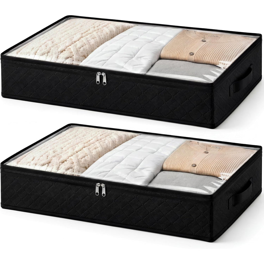 Fixwal Black Underbed Storage Bags With Clear Window And 2 Reinforced Handles Under Bed Storage Containers For Clothing, Bedding, Comforter (2 Pack)