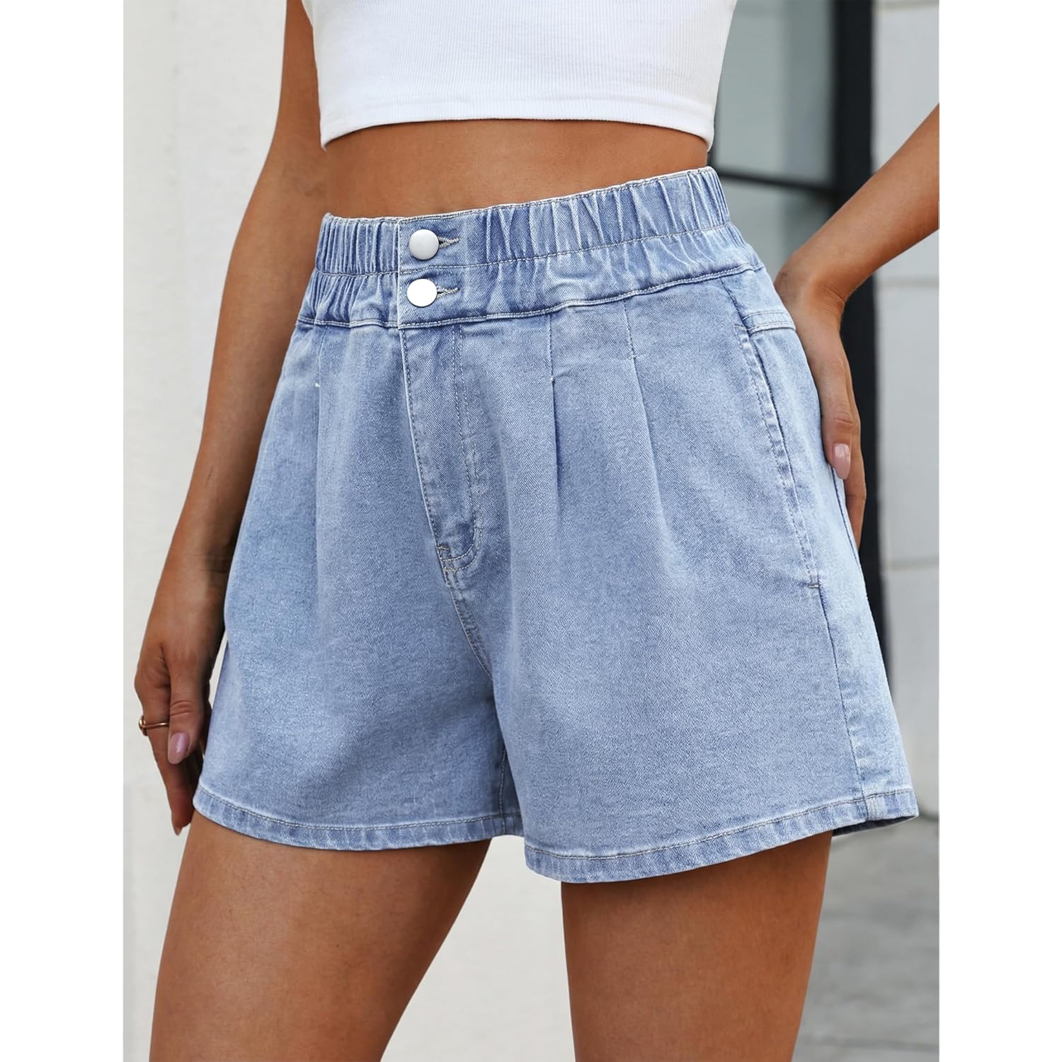Women's Denim Shorts Summer Baggy Elastic High Waisted Wide Leg Jean Shorts with Pockets Trendy 2026