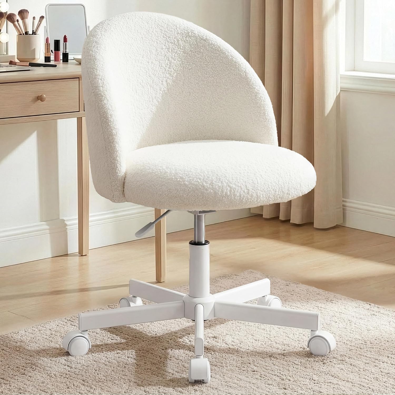 Neo Chair Office Vanity Chair With Wheels Comfy Desk Chair For Girls Cute Computer Small Armless Adjustable Height Swivel For Home Bedroom Task (White)