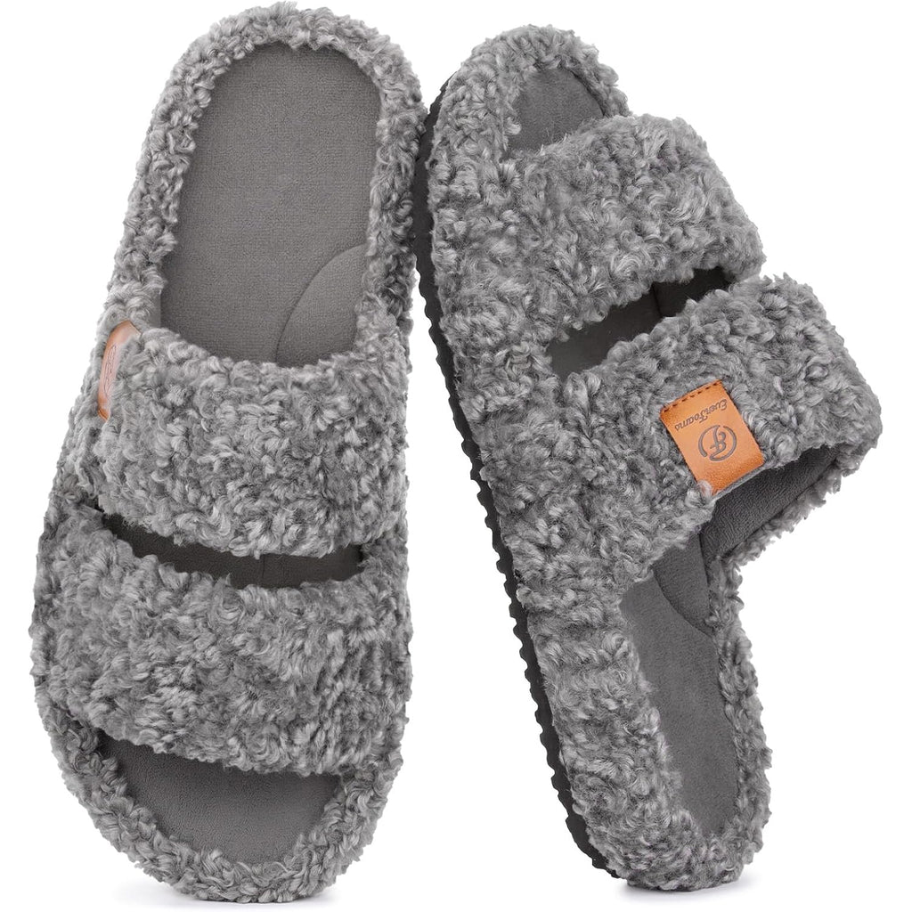 Everfoams Womens Fuzzy Open-Toe Slippers Soft Comfy Memory Foam Indoor House Shoes