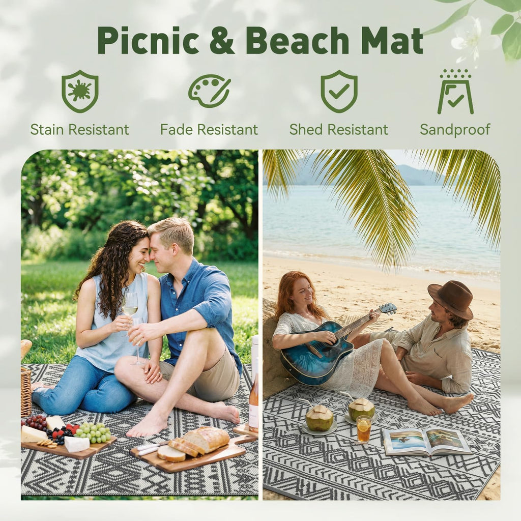Montvoo Outdoor Rug Carpet Waterproof 5X8 Outdoor Patio Rug Mat Reverisble Plastic Straw Outdoor Rug For Rv Camping Picnic Beach Balcony Boho Grey