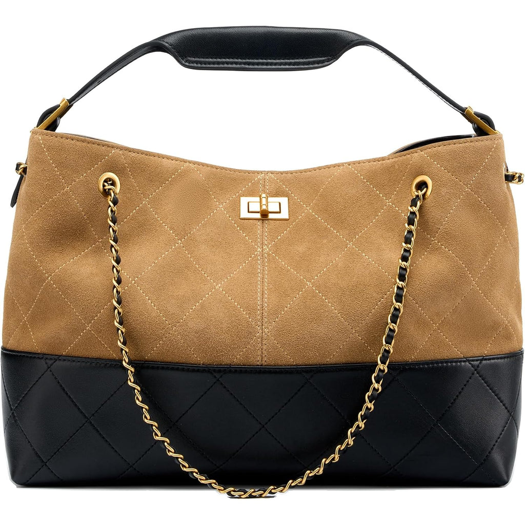 Soft Genuine Leather Lambskin Suede Quilted Bag,Carryall Top Handle Gold Chain Shoulder Shopping Bag