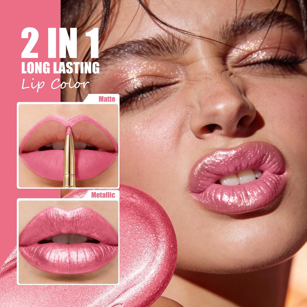 Depuplum Pink Metallic Lipstick and Lip Liner Combo Makeup 2in1 Shimmer Glitter Lipsticks for Women Metallic Lip Gloss Stain Waterproof Smudgeproof Nude Long Lasting Lipsticks (GB19 Daring)