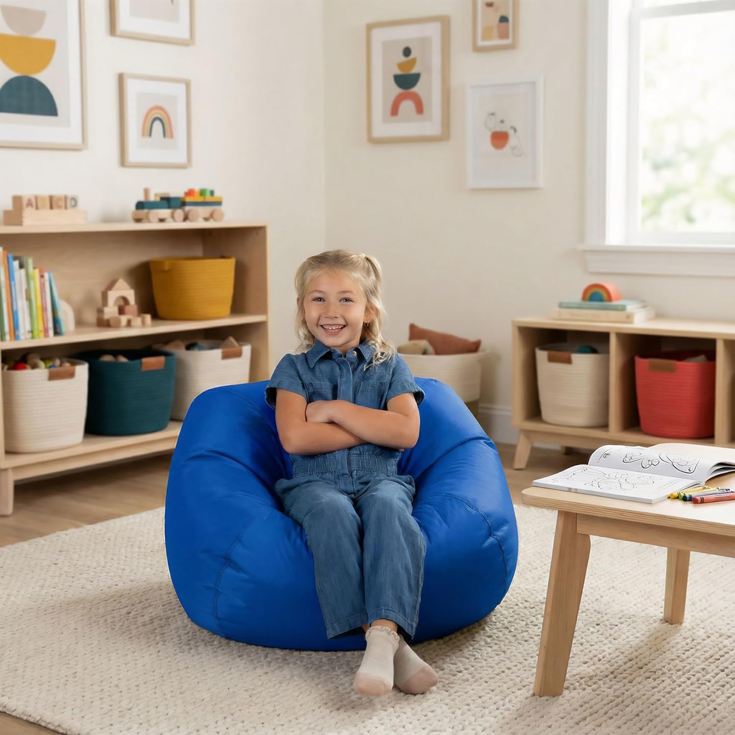 Big Joe Classic Bean Bag Chair For Kids Bedroom And Reading Nook, Easy-Clean Sapphire, Durable Nylon Polyester Blend, 2 Feet Refillable