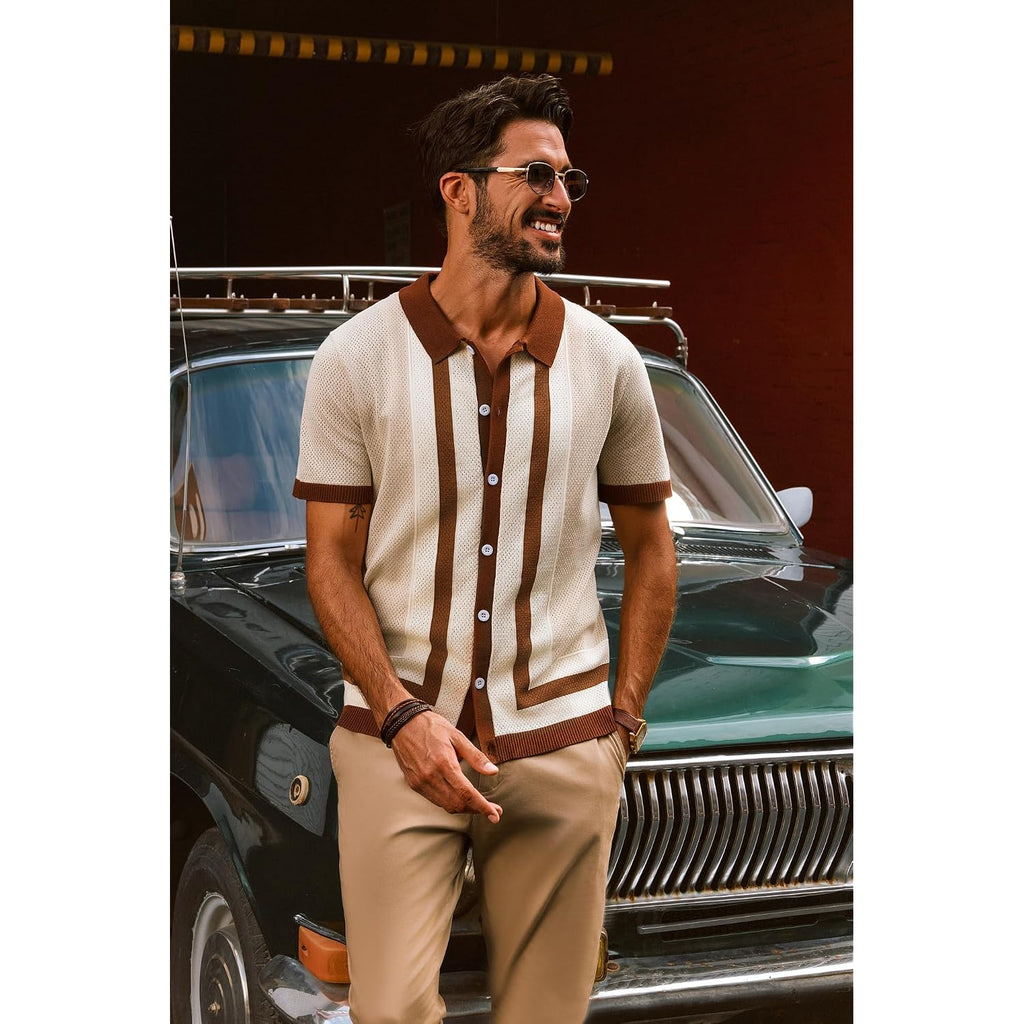 Pj Paul Jones Mens Polo Shirts Vintage Striped Button Down Knitted Golf Shirts