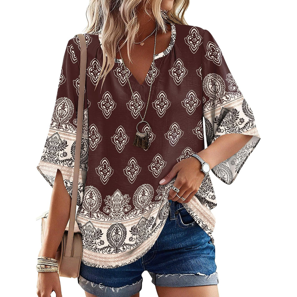 LOMON Women's 3/4 Length Sleeve Boho Tops V Neck Casual Vacation Clothes Loose Fit Tunic Shirts S-3XL