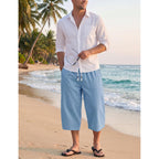 Magnivit Men'S Linen Cotton Capri Pants Loose Fit Elastic Waist Wide Leg Baggy Harem Pants