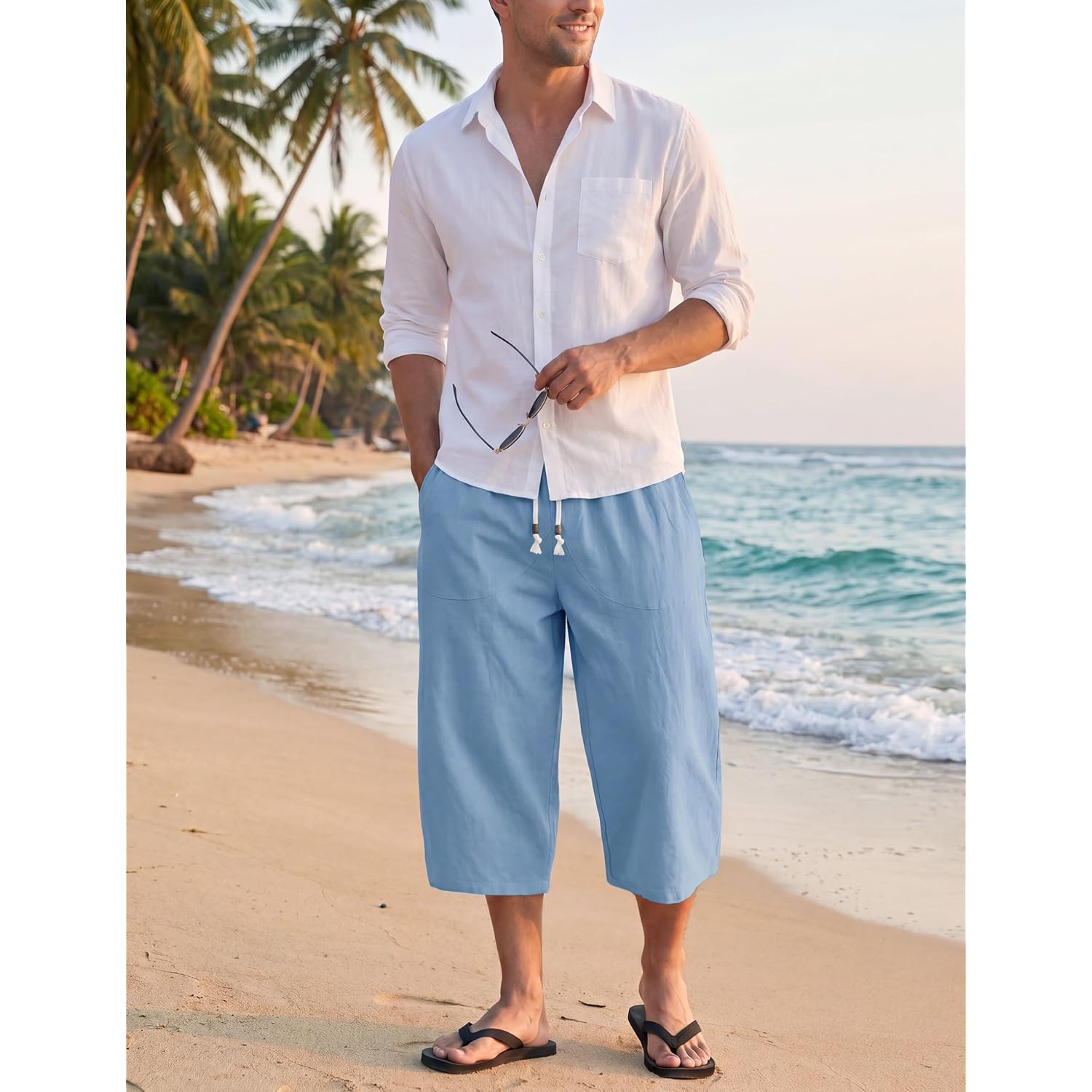 Magnivit Men'S Linen Cotton Capri Pants Loose Fit Elastic Waist Wide Leg Baggy Harem Pants