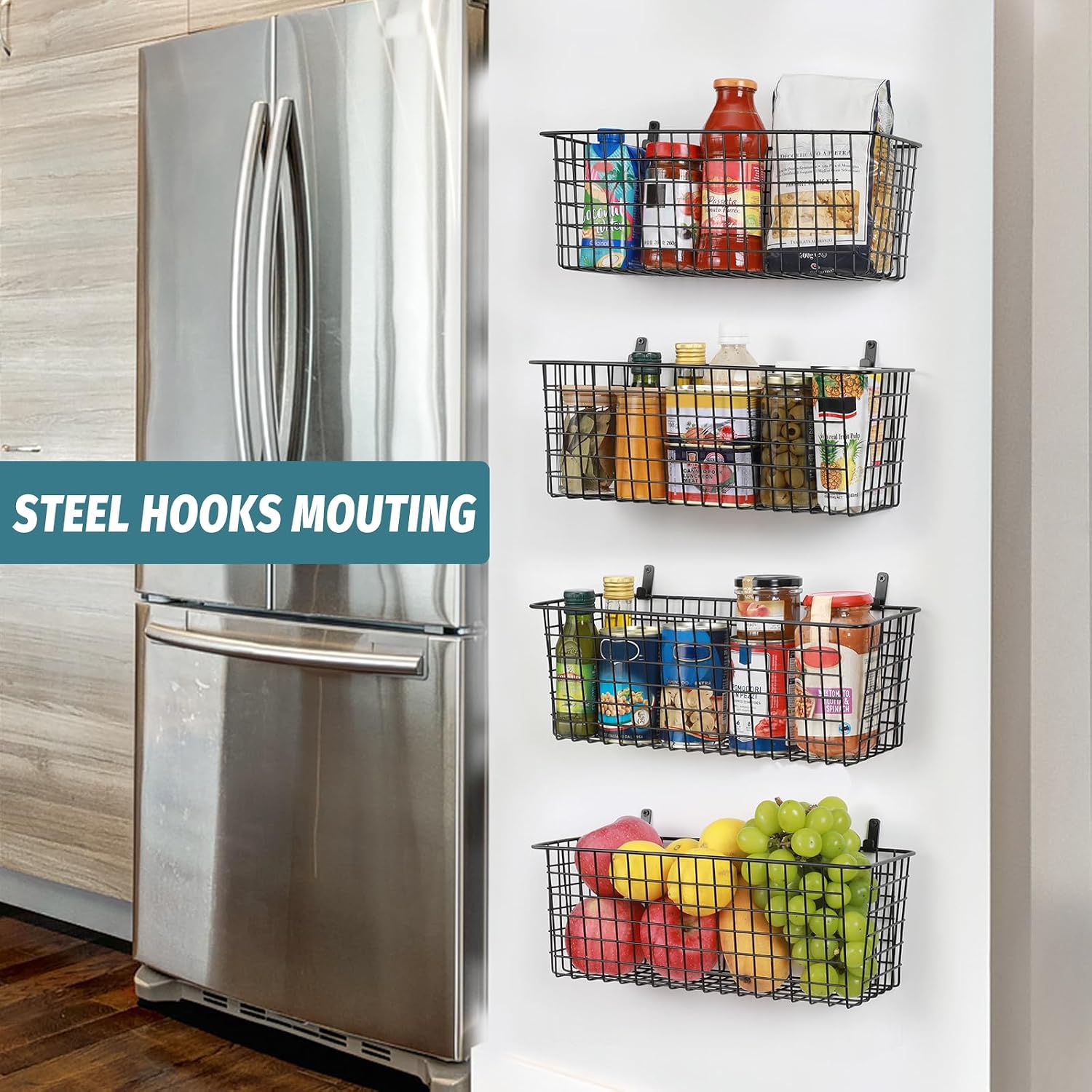 4 Set [Extra Large] Hanging Wall Mount Storage Baskets With Adhesive Hooks & Steel Hooks, Multiuse Sturdy Wire Metal Organizing Baskets For Home Kitchen Bathroom Pantry Utility Organizer, Black