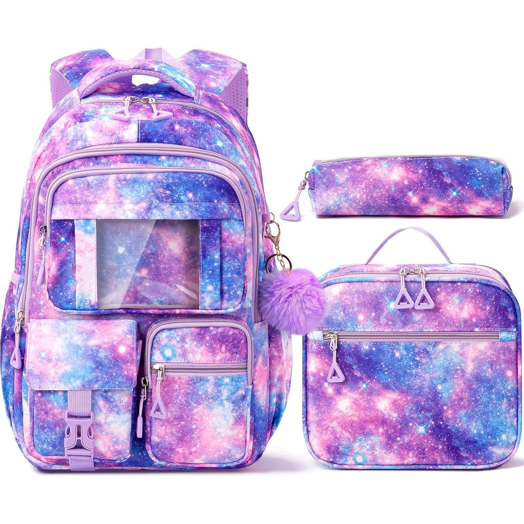 Fimibuke Kids Backpack For School Girls, Waterproof Backpack W/Lunch Box | 3Pcs Lightweight Kids Galaxy Bookbag W/ Lunch Box Combo Set, Cute Backpack For Girls Ages 6+ Elementary Middle School Teens