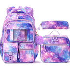 Fimibuke Kids Backpack For School Girls, Waterproof Backpack W/Lunch Box | 3Pcs Lightweight Kids Galaxy Bookbag W/ Lunch Box Combo Set, Cute Backpack For Girls Ages 6+ Elementary Middle School Teens