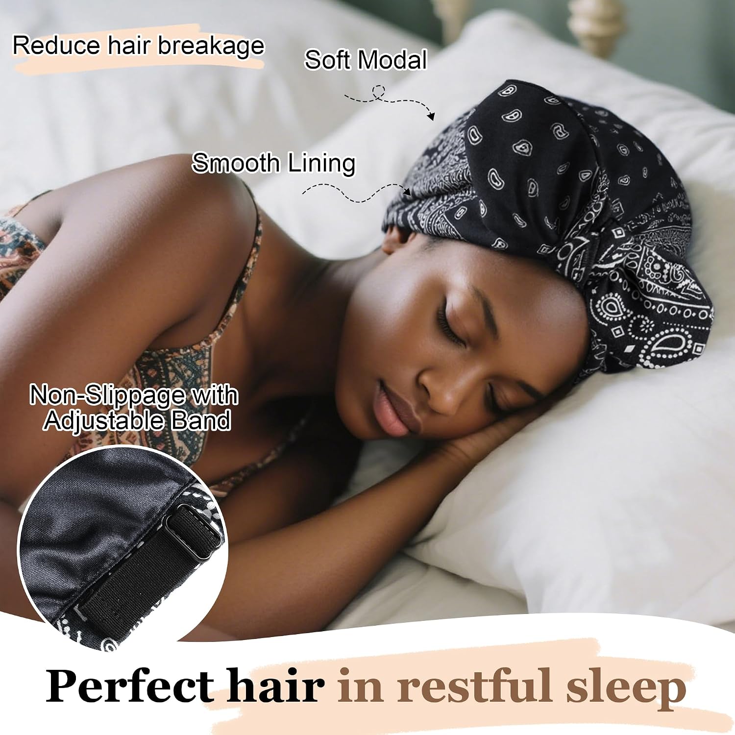 Satin Lined Beanies for Women Chemo Headwear Silky Lined Cotton Sleeping Cap Black