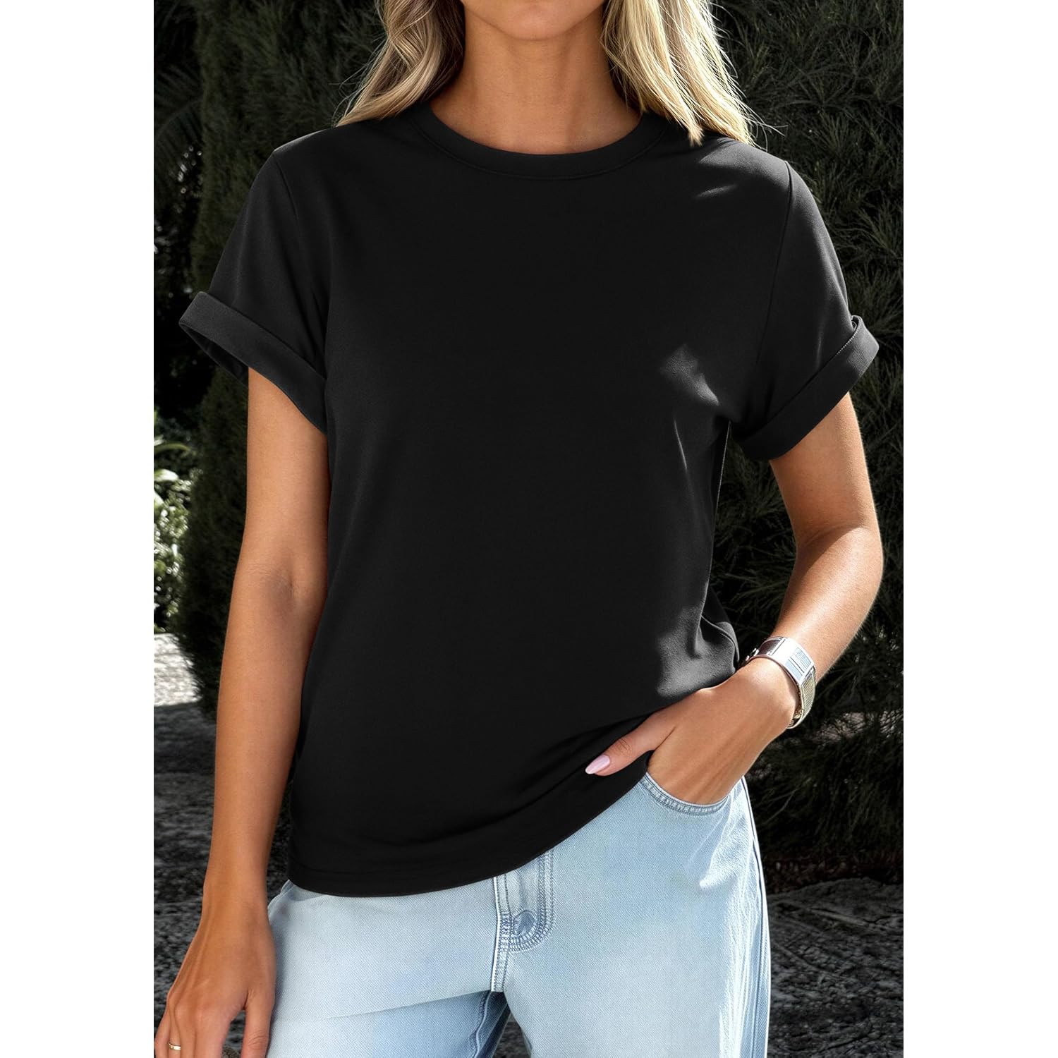 Prettygarden Womens Summer Tops 2026 Spring Casual Rolled Short Sleeve Basic Tees Crew Neck Work Shirts Fashion Clothing