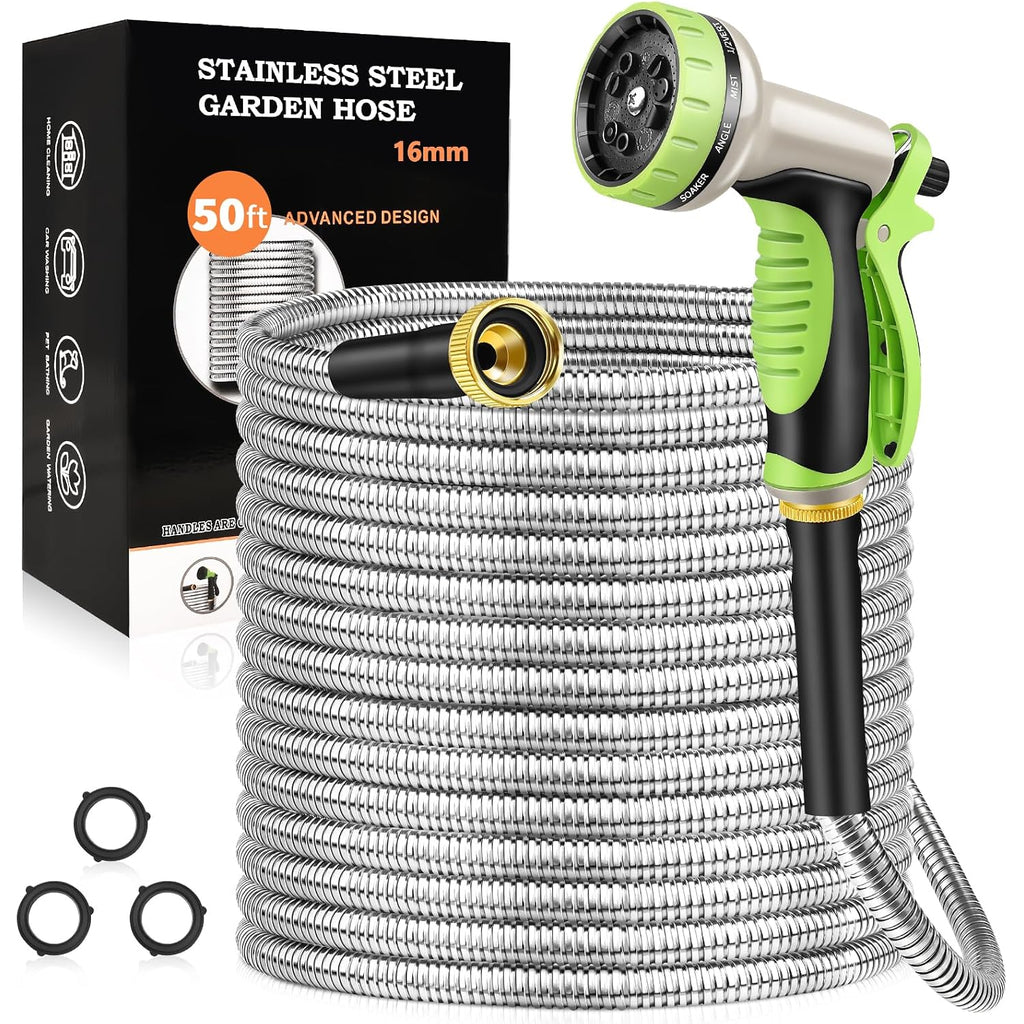 Goxawee Garden Hose 50Ft, Stainless Steel Heavy Duty Water Hose With 10 Function Nozzle, No-Kink, Tough & Flexible, Sturdy And Lightweight, Rust Proof For Yard, Outdoor, Rv