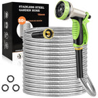 Goxawee Garden Hose 50Ft, Stainless Steel Heavy Duty Water Hose With 10 Function Nozzle, No-Kink, Tough & Flexible, Sturdy And Lightweight, Rust Proof For Yard, Outdoor, Rv