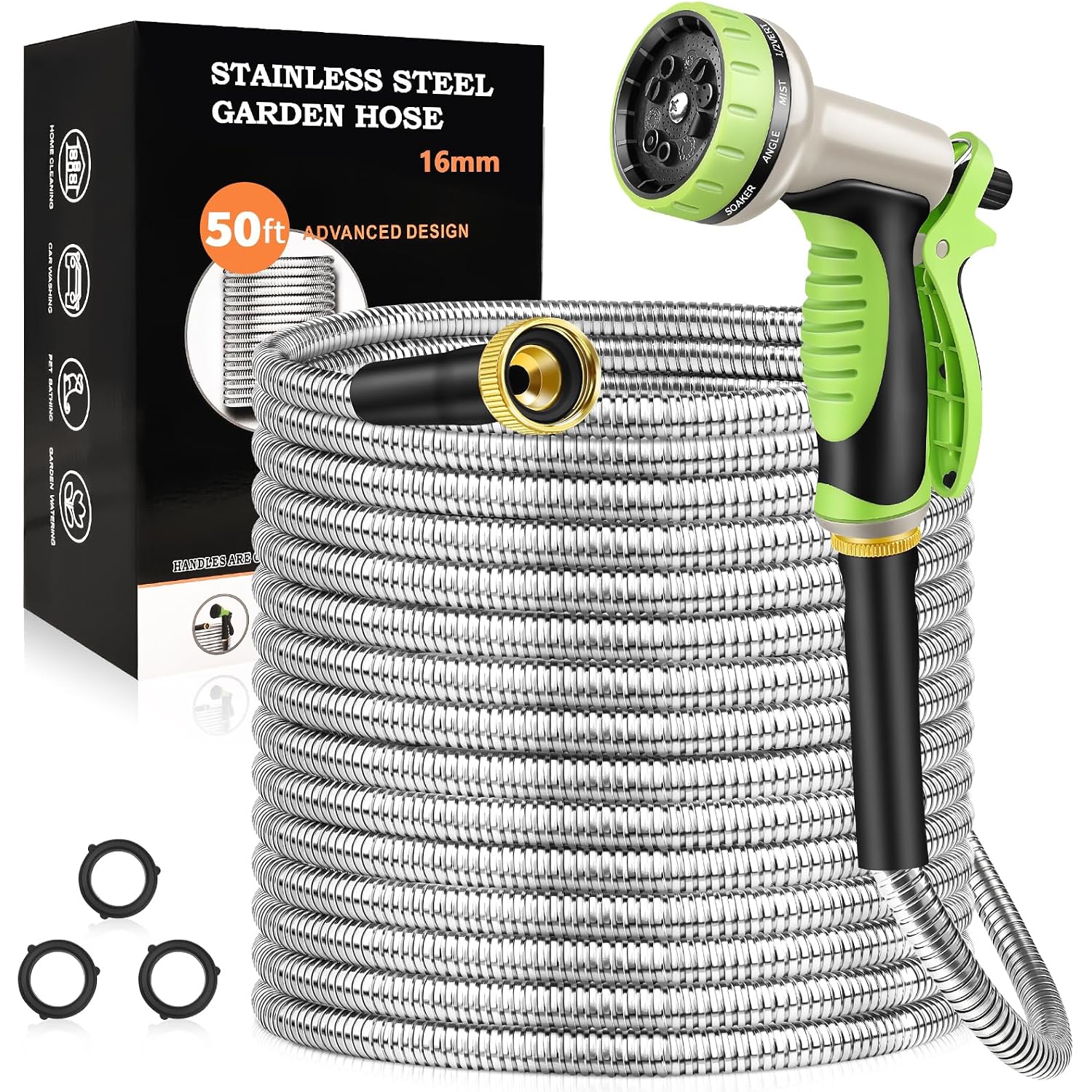 Goxawee Garden Hose 50Ft, Stainless Steel Heavy Duty Water Hose With 10 Function Nozzle, No-Kink, Tough & Flexible, Sturdy And Lightweight, Rust Proof For Yard, Outdoor, Rv