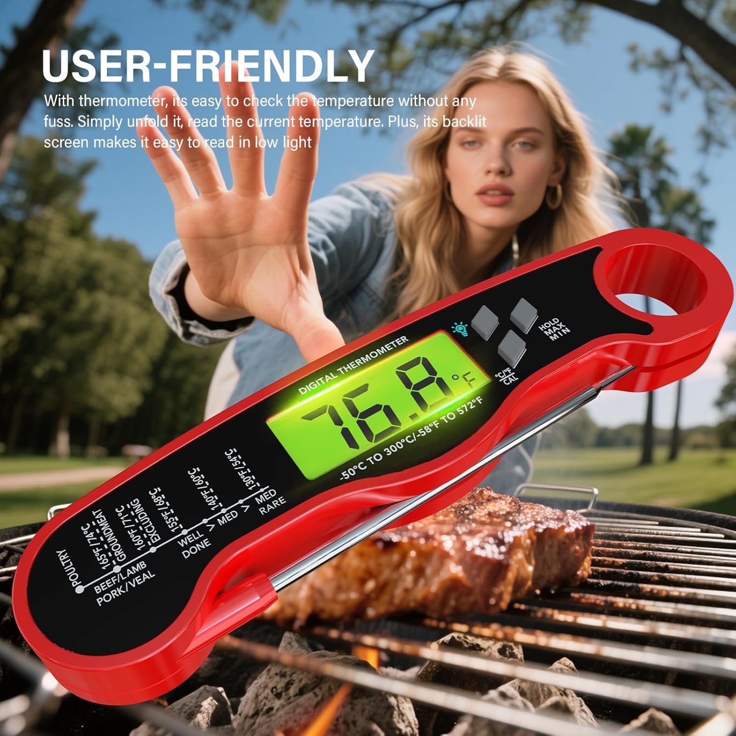Meat Thermometer Digital, Instant Read Food Thermometer, Red | Waterproof Cooking Thermometer With Doneness Chart, Backlight, F/C Switch For Bbq, Candy, Oil
