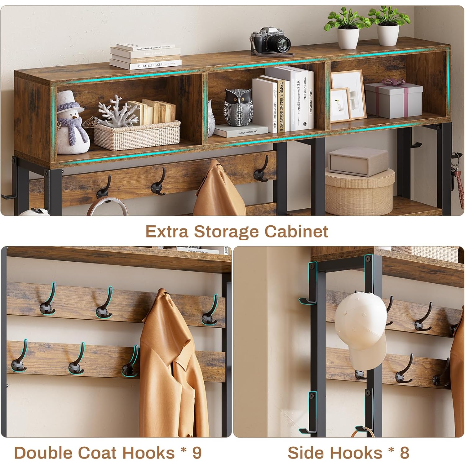 Itaar Hall Tree with Bench and Shoe Storage, 7-in-1 Entryway Bench with Coat Rack, 3 Storage Cubbies, 3 Open Shelves, 17 Coat Hooks, 2 Fabric Drawers (Rustic Brown)
