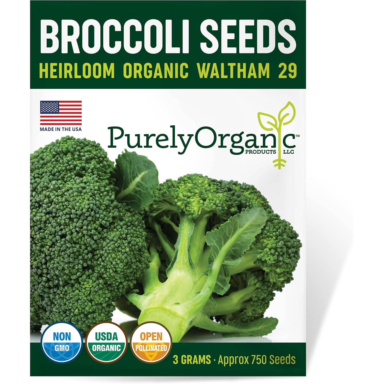 Purely Organic Broccoli Seeds (Waltham 29) - Approx 750 Seeds - Usda Organic, Non-Gmo, Open Pollinated, Heirloom, Usa Origin