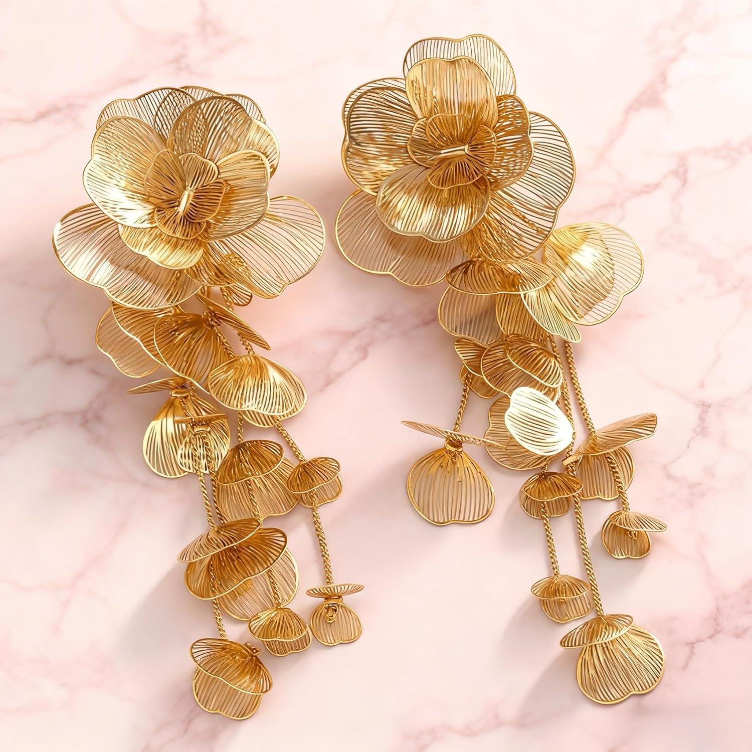 Gold Silver Filigree Floral Dangle Earrings for Women, Long Drop Statement Earrings for Vintage Wedding Jewelry