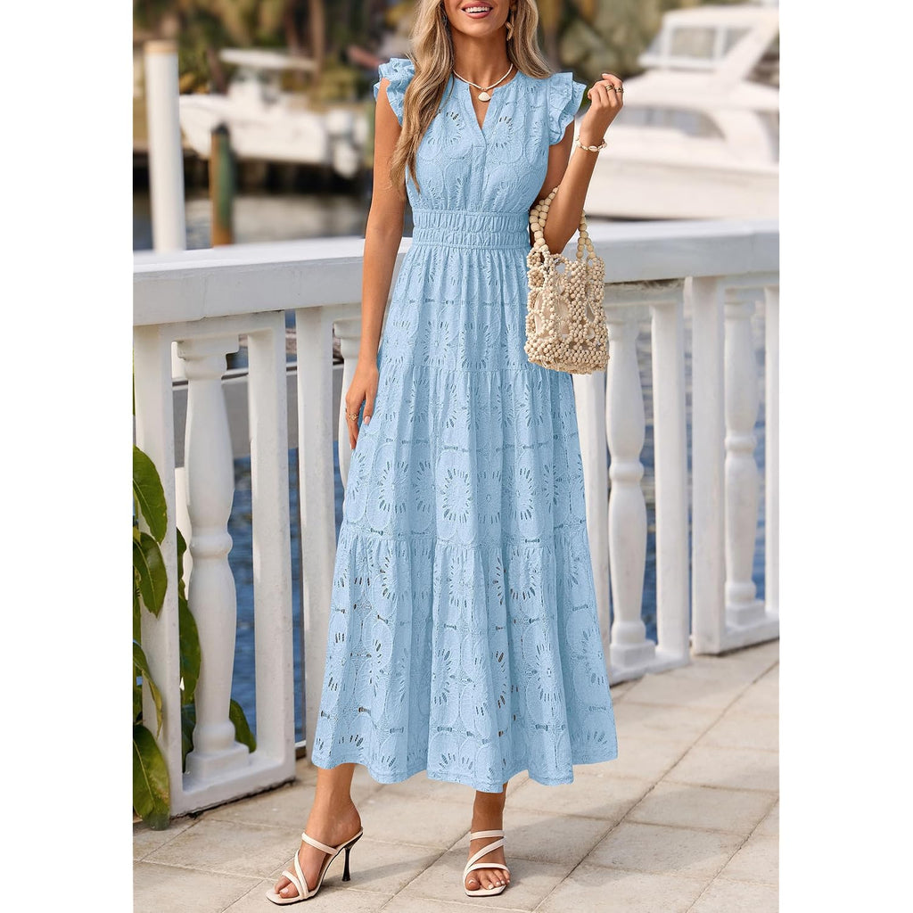 Prettygarden Womens Boho Maxi Dresses 2026 Summer Floral Lace Eyelet V Neck Spring Wedding Guest Dress Beach Vacation Clothes