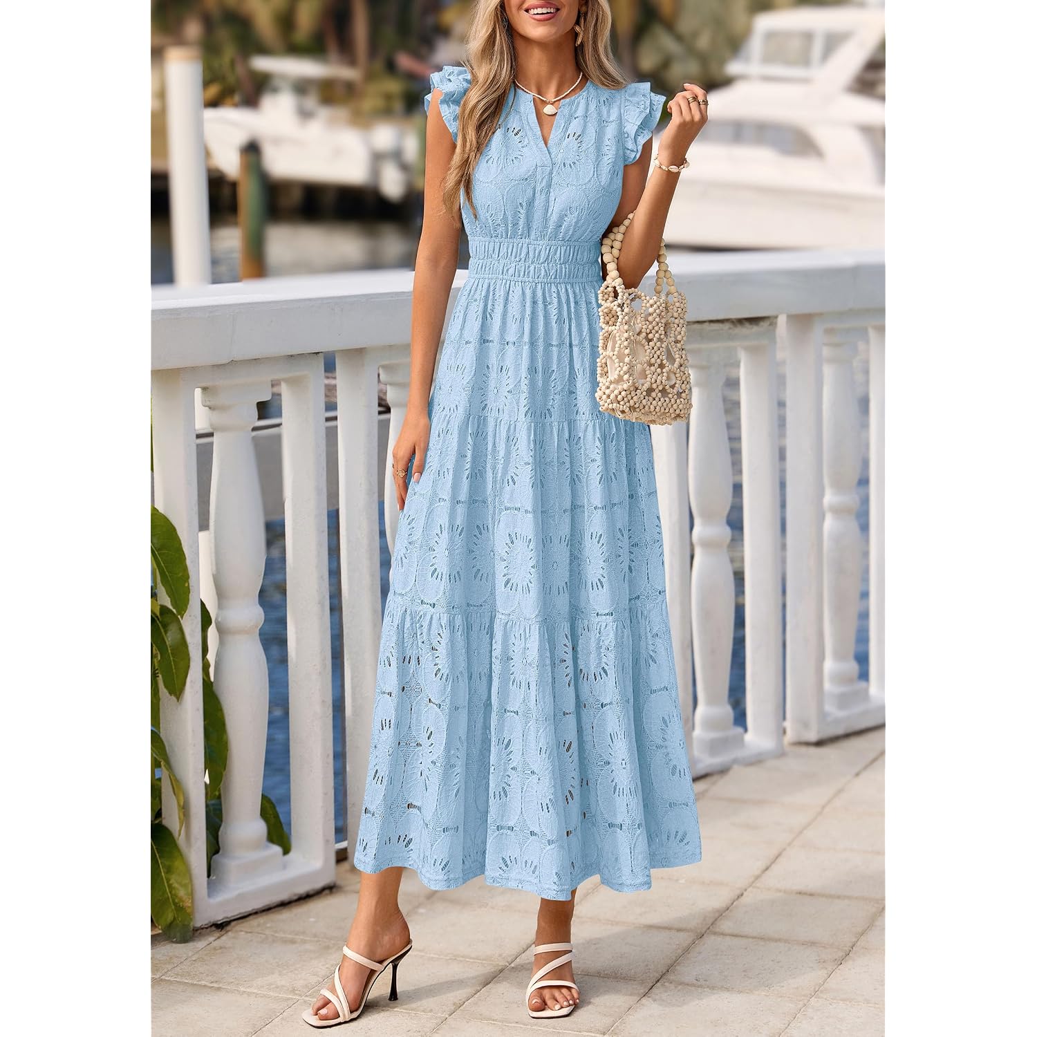Prettygarden Womens Boho Maxi Dresses 2026 Summer Floral Lace Eyelet V Neck Spring Wedding Guest Dress Beach Vacation Clothes