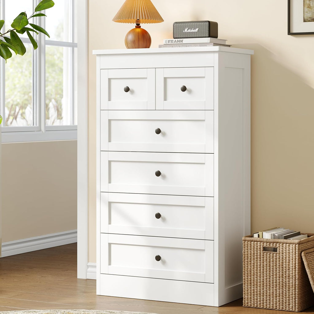 Tall 6 Drawer Dresser For Bedroom, White Modern 43.3'' Tall Wood Chest Of Drawers, Storage Organizer With Smooth Metal Rails & Anti-Tip Kit For Closet, Hallway, Living Room