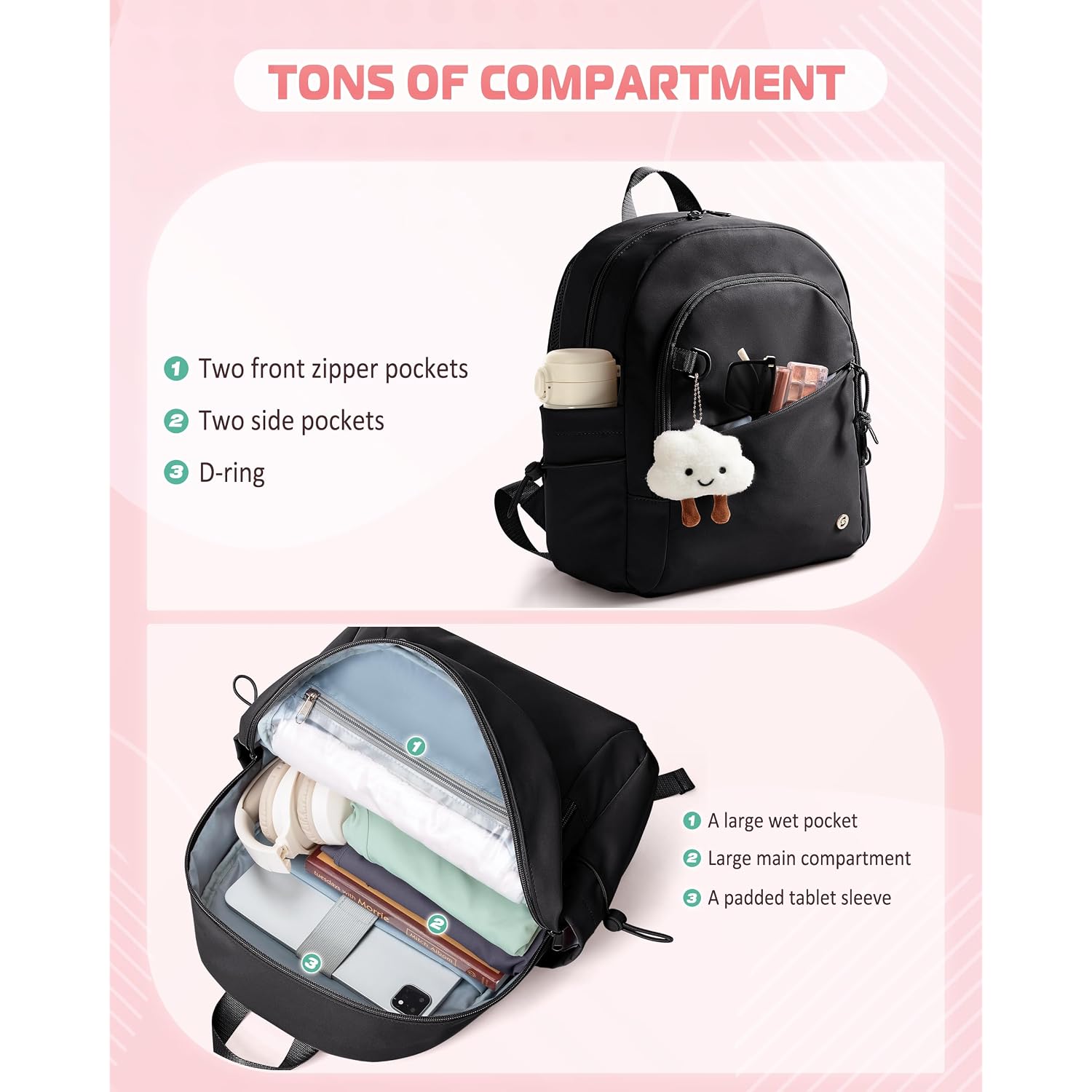 Women Mini Backpack With Wet Pocket And Rfid Blocking Pocket, Small Backpack Purse For Gym, Work, College Or Travel, Black
