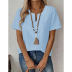 Lomon Womens Short Sleeve Tops Cotton Linen Shirts Loose Casual V Neck Lace Blouses Summer Vacation Clothes