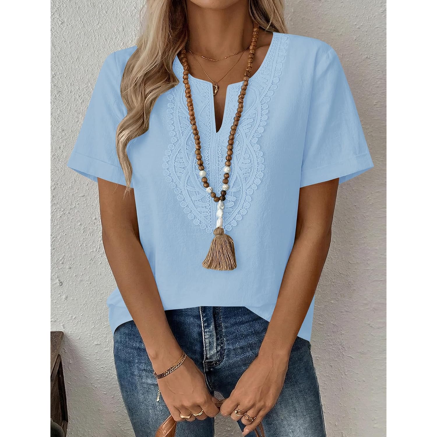 Lomon Womens Short Sleeve Tops Cotton Linen Shirts Loose Casual V Neck Lace Blouses Summer Vacation Clothes