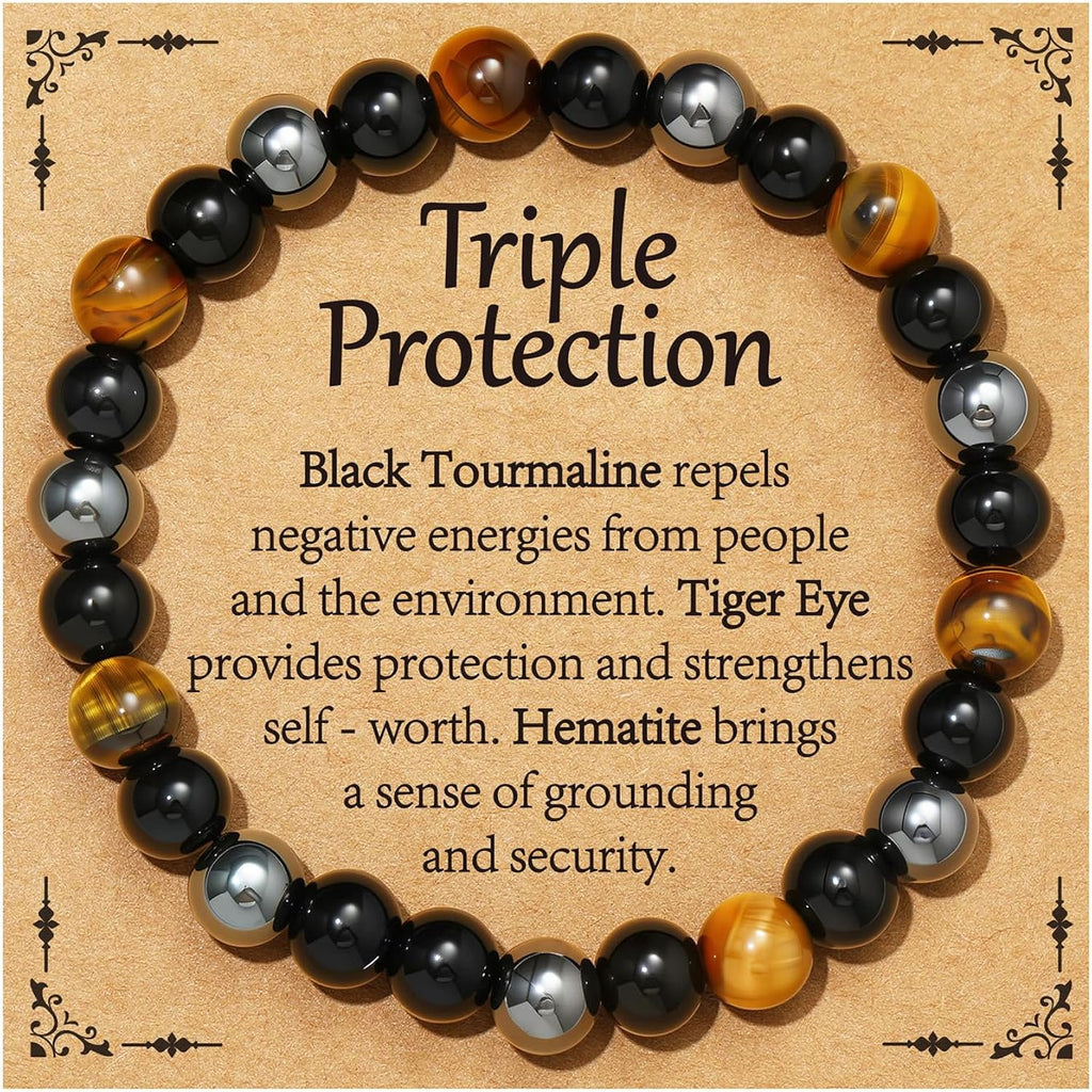 Gnamy Healing Crystal Bracelet for Women, Natural Stone Beaded Healing Crystal Bracelet Triple Protection Stress Relief Beads Jewelry Birthday Gifts Jewelry for Her